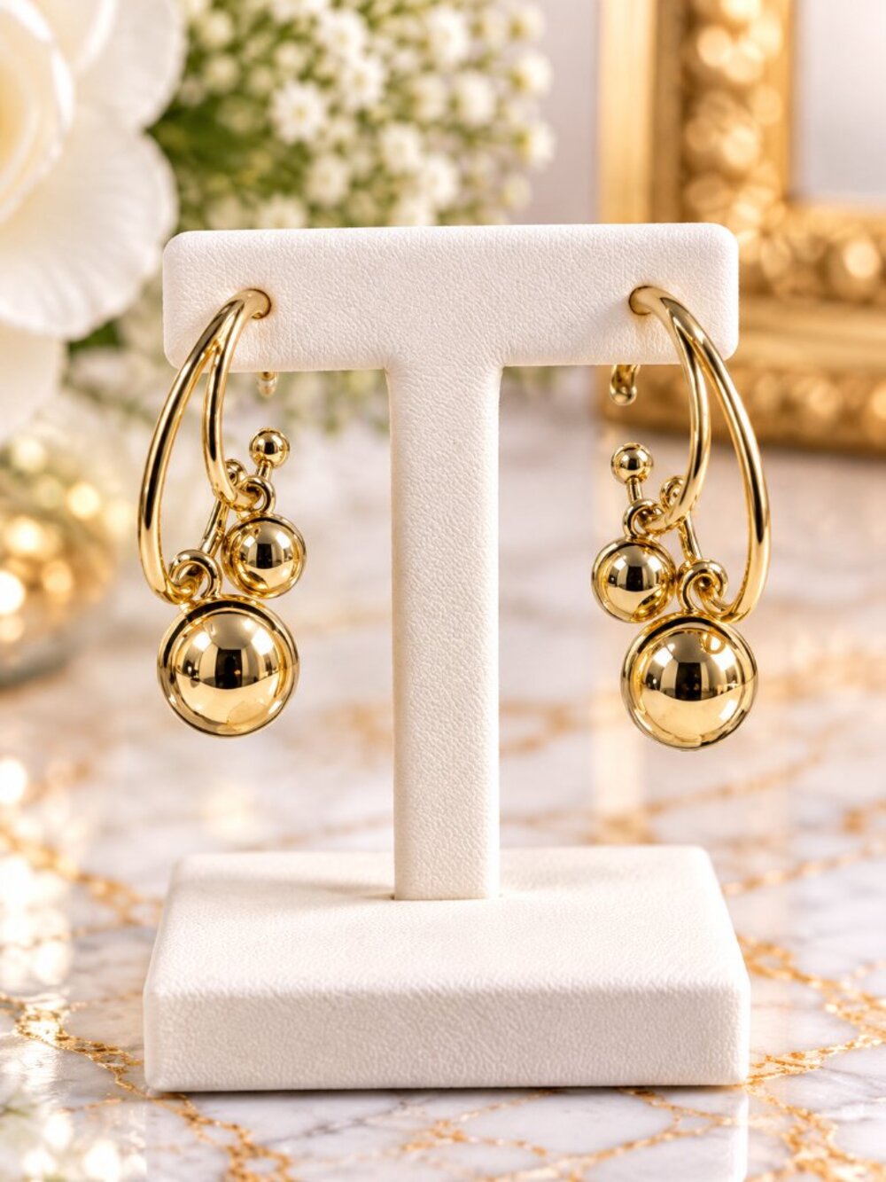 Gold Tone Hoop Earrings with Polished Bead Dangles Modern Statement Jewelry